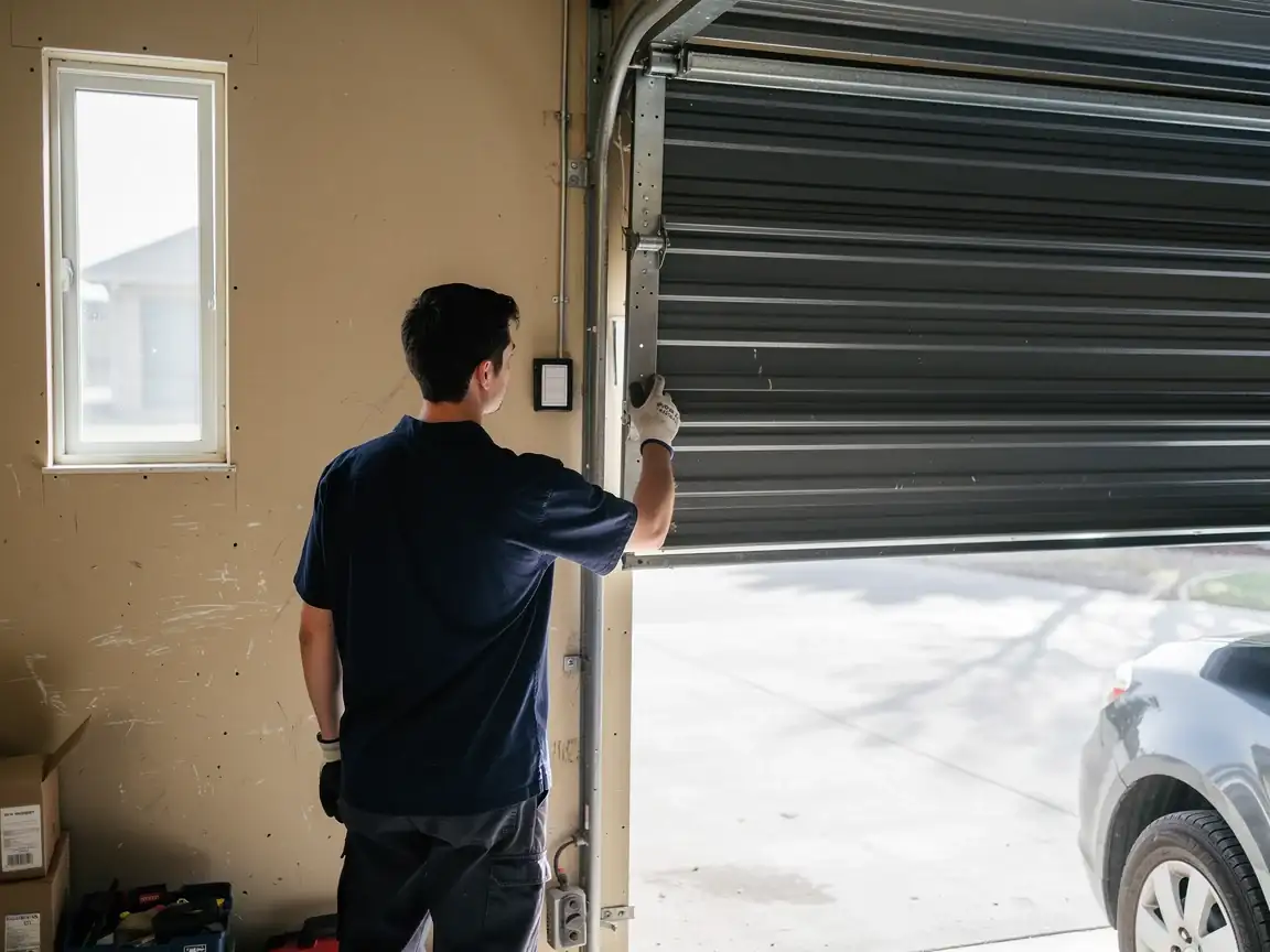 A technician in a blue shirt is adjusting a partially open garage door.