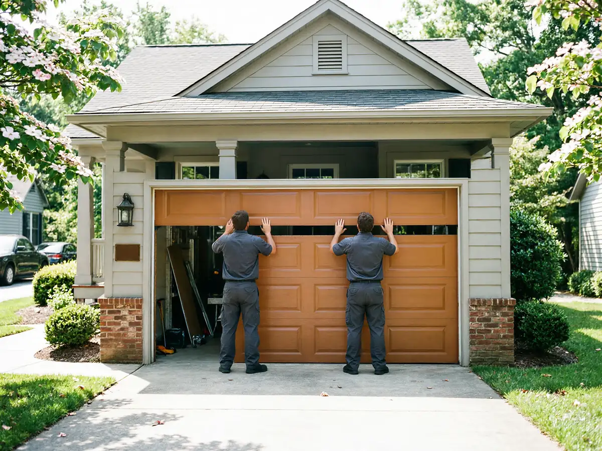 Two technicians are installing a brown paneled garage door on a house.
